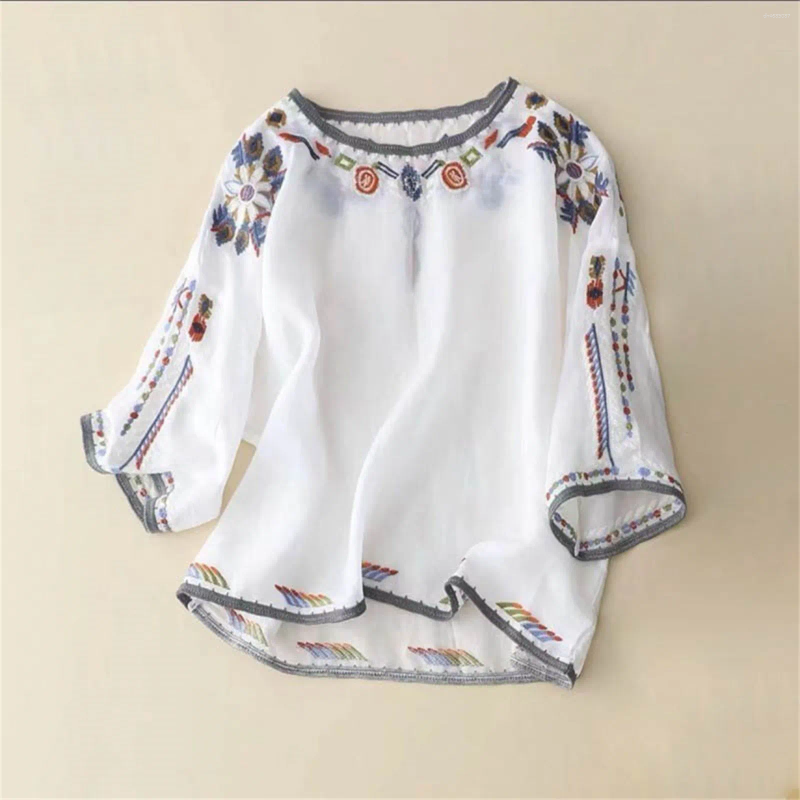 Women's Blouses Summer Ethnic Wind Embroidery Cotton And Linen Loose Plate Buckle Horn Sleeve Women Tennis Shirts Plain T