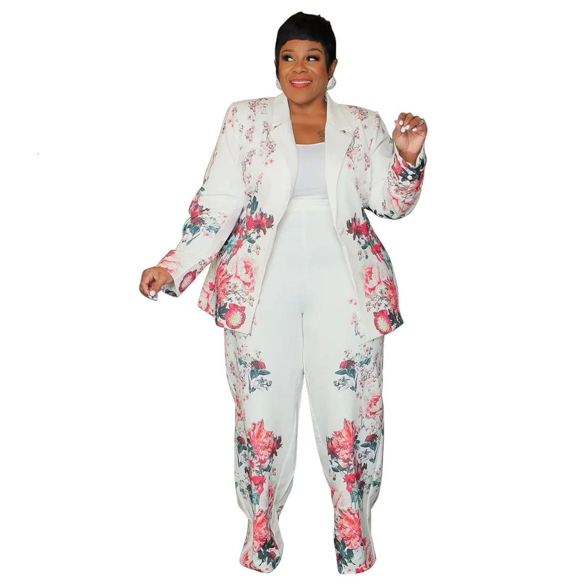 Plus Size Floral Printed Two Pieces Set Spring Long Sleeve Button Blazer Top Wide Leg Pants Oversized Sets Office Lady Tracksuit 250122