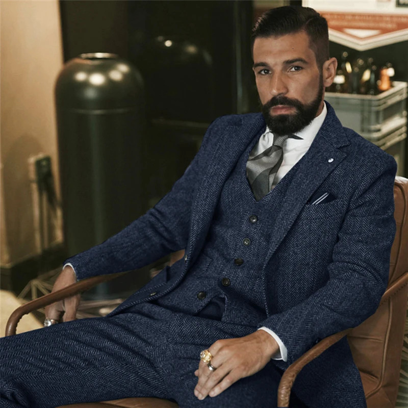 Gray Wool Tweed Winter Suit for Men Herringbone Slim Fit Formal Groom Tuxedo 3 Piece Wedding Male Suits JacketVestPants 250107Z