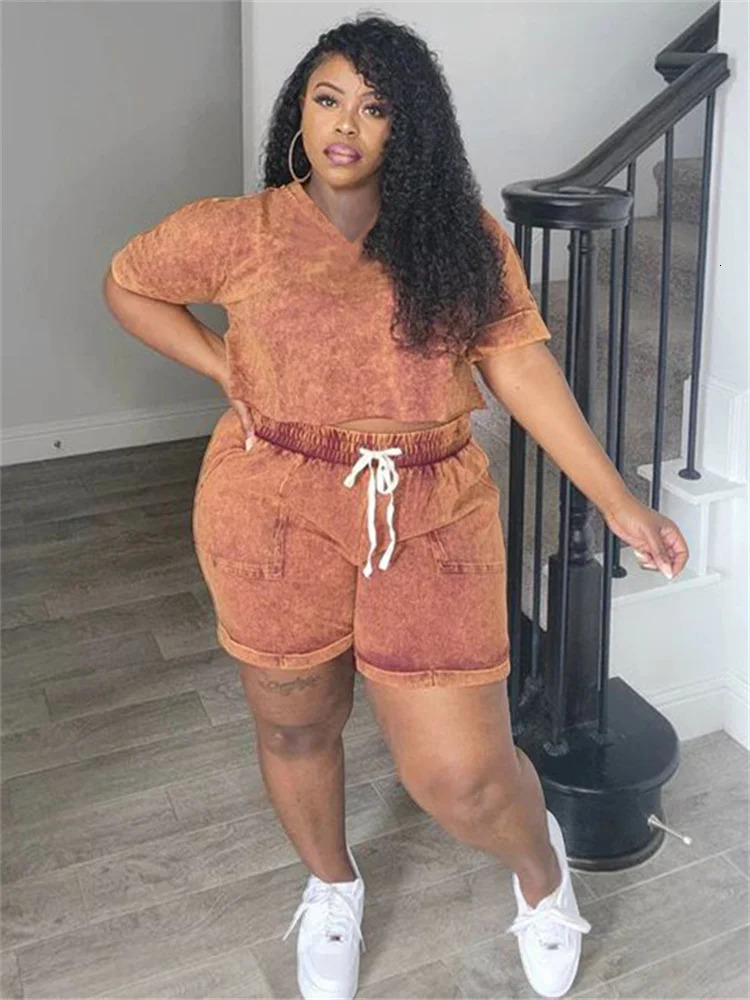 Wmstar Plus size twopiece womens shorts set solid casual top and pants matching wholesale jump 250122