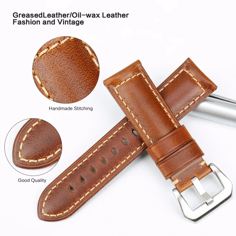 MAIKES High Quality Watchband Brown Vintage Oil Wax Leather Strap Watch Band 20mm 22mm 24mm 26mm Watch Accessories For Panerai 250121