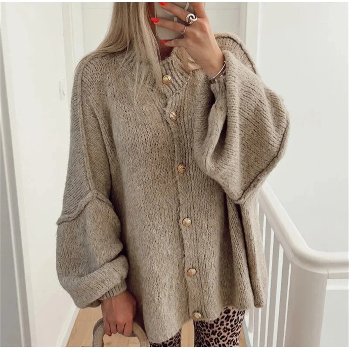 French Fashion Loose Sweater For Women Oneck Metal Button Cardigan Single Breasted Autumn Winter Casual Coat Female Outfit Tops 250109Z