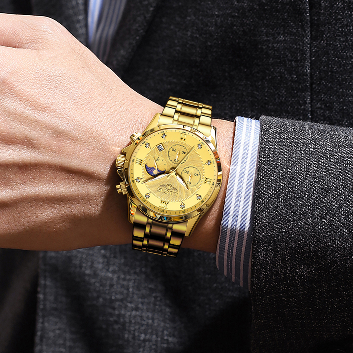 LIGE Fashion Men's Quartz Watch Multi functional Waterproof Calendar Moon Phase Watch Stainless Steel Strap Business Watch