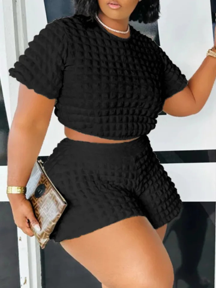LW Plus size summer twopiece crop top waffle knit shorts set womens short sleeved Tshirt and 250122