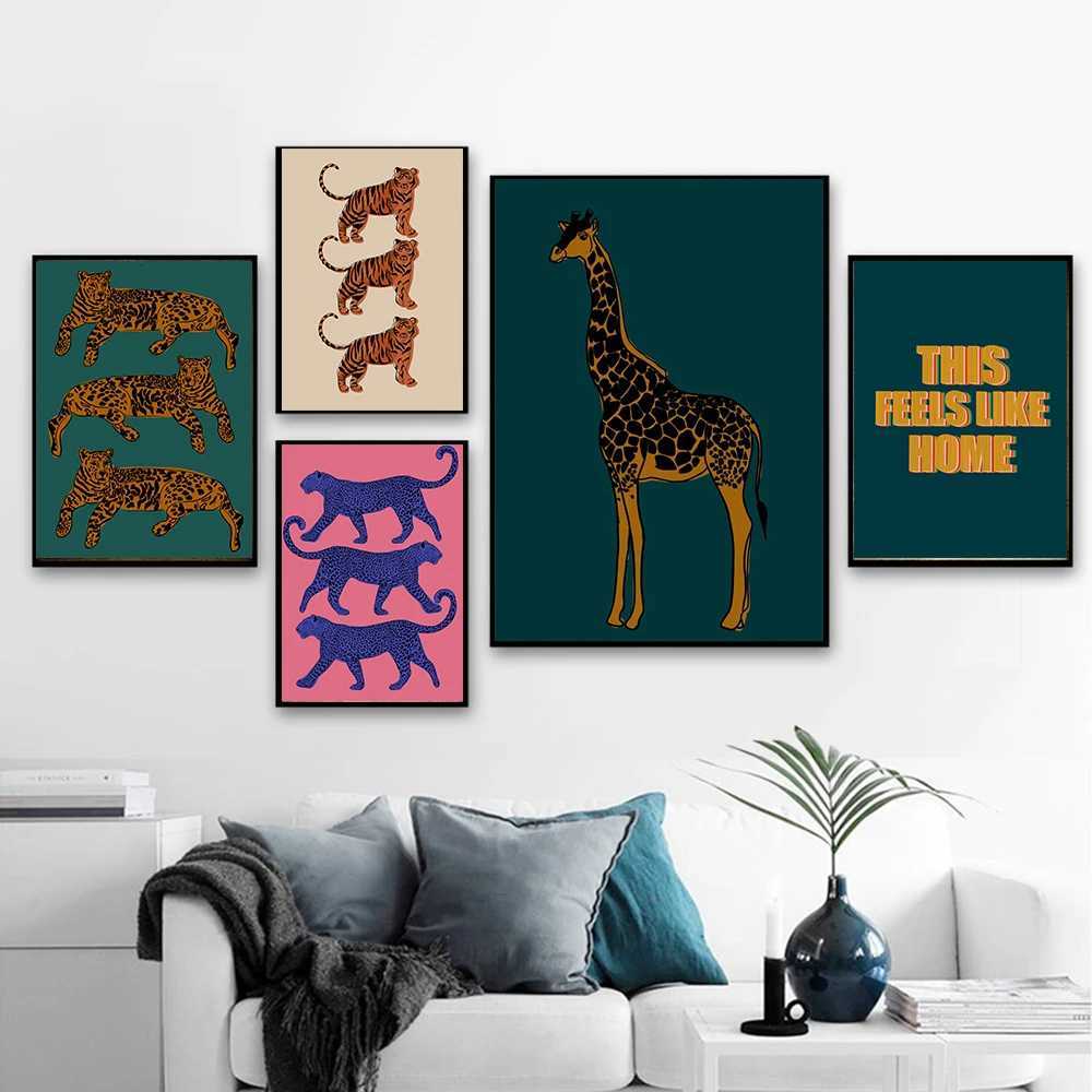 Tiger Cartoon Animal Canvas Posters Pink Blue Yellow Wild Leopard Painting Wall Art Print Pictures For Kid Room Home DecorC250122