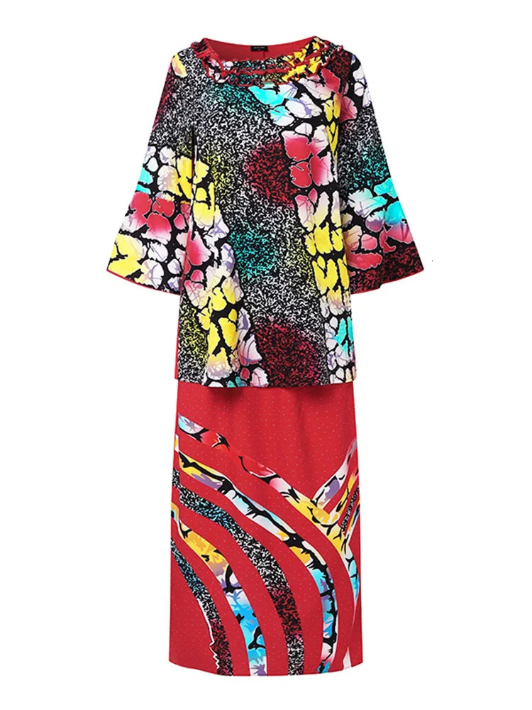 Plus Size 5XL VONDA Women Sets Irregular 34 Flare Sleeve Matching Floral Printed Shirts And A Line Skirts Suits 2Pcs 250122