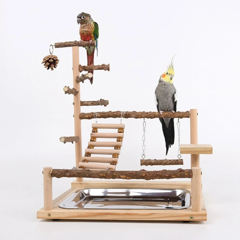 Pet Parrot Playstand Parrots Bird Playground Bird Plays Stand Wooden Perch Playground Ladder with Steel Feeder Plate 250117