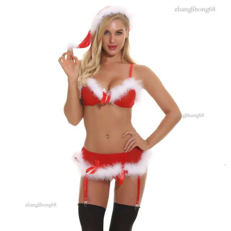 White Fuzzy Trim Red Mesh Christmas Holiday Bikini Set with Hat and Garter Belts Set Women Sexy Santa Intimate Apparel Lingerie Sheer Outfit