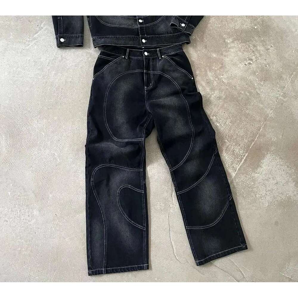 Street washed punk vintage men patchwork jeans Y2K fashionable loose fitting Gothic high waisted Haruku straight leg pants
