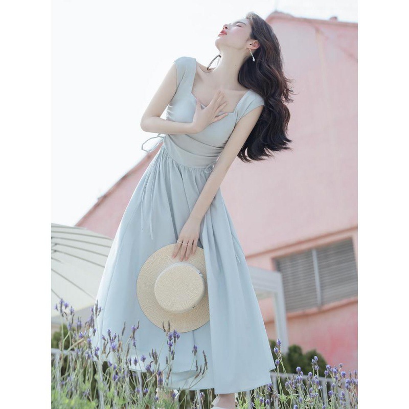 L3260 Retro minimalist style women's square collar French dress long high waist slim skirt female summer long skirt summer