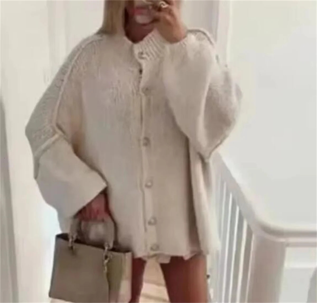 French Fashion Loose Sweater For Women Oneck Metal Button Cardigan Single Breasted Autumn Winter Casual Coat Female Outfit Tops 250109Z