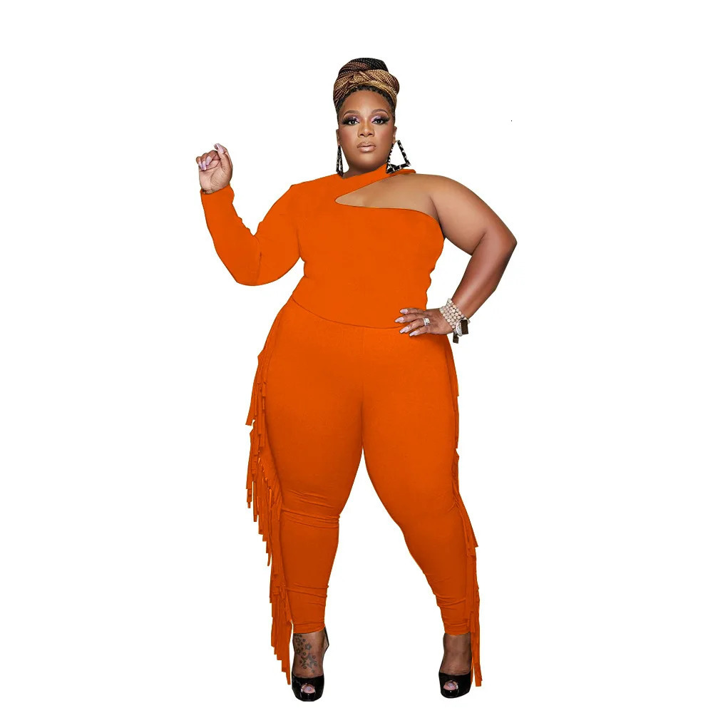 WSFEC L5XL 2023 Fall Plus Size Pant Suits Two Piece Set Clothing Long Sleeve Irrgular Tassel Casual Trend Female Outfits 250122