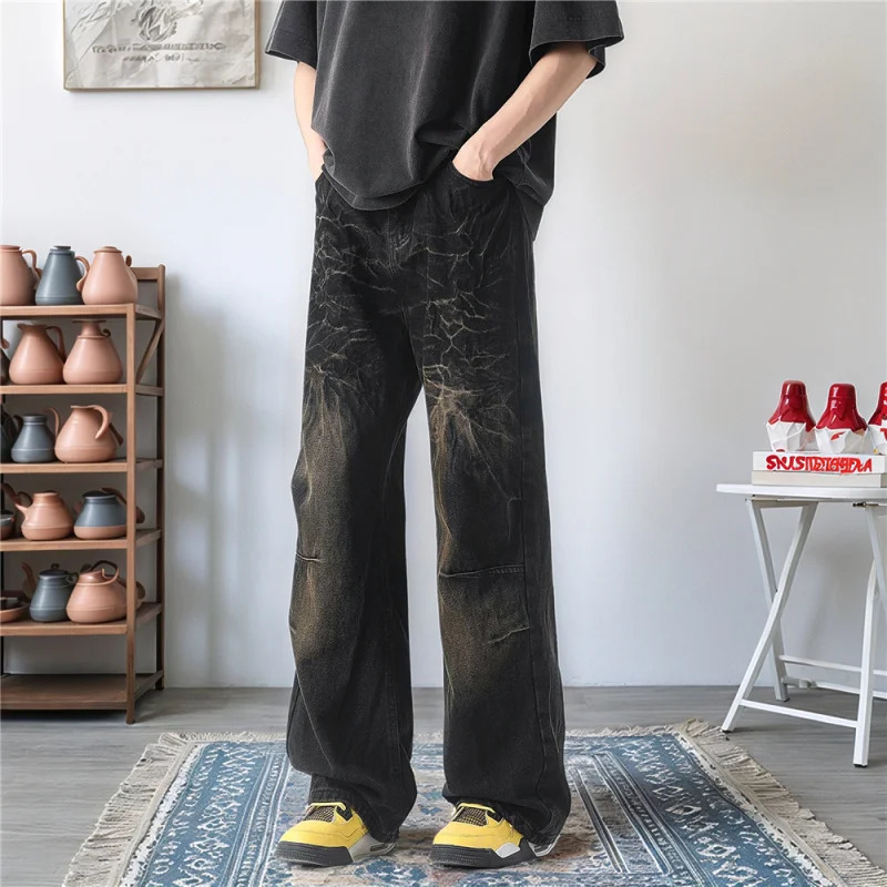 MenS Lightning Pattern Print Straight-Leg Jeans Pants High Street Lengthened Pants American Vibe Micro-Lapped Wide-Leg Pants 250116