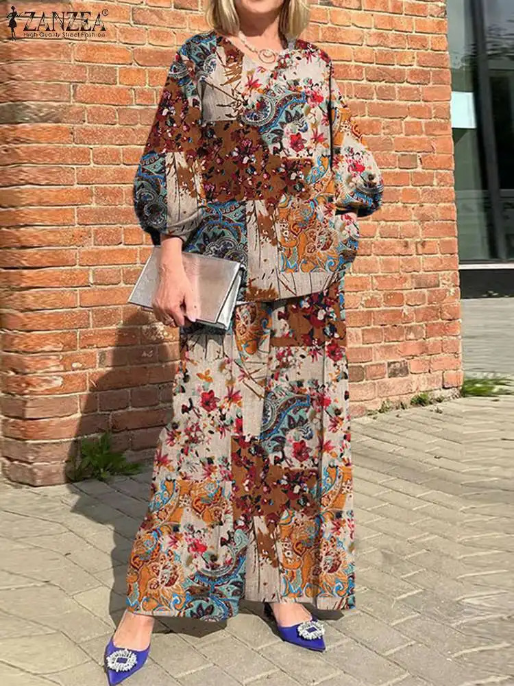 Plus Size ZANZEA Bohemian Matching Sets Casual Printed 2pcs Suits 2023 Women 34 Sleeve Tops Tracksuit Autumn Wide Leg Pant 250122