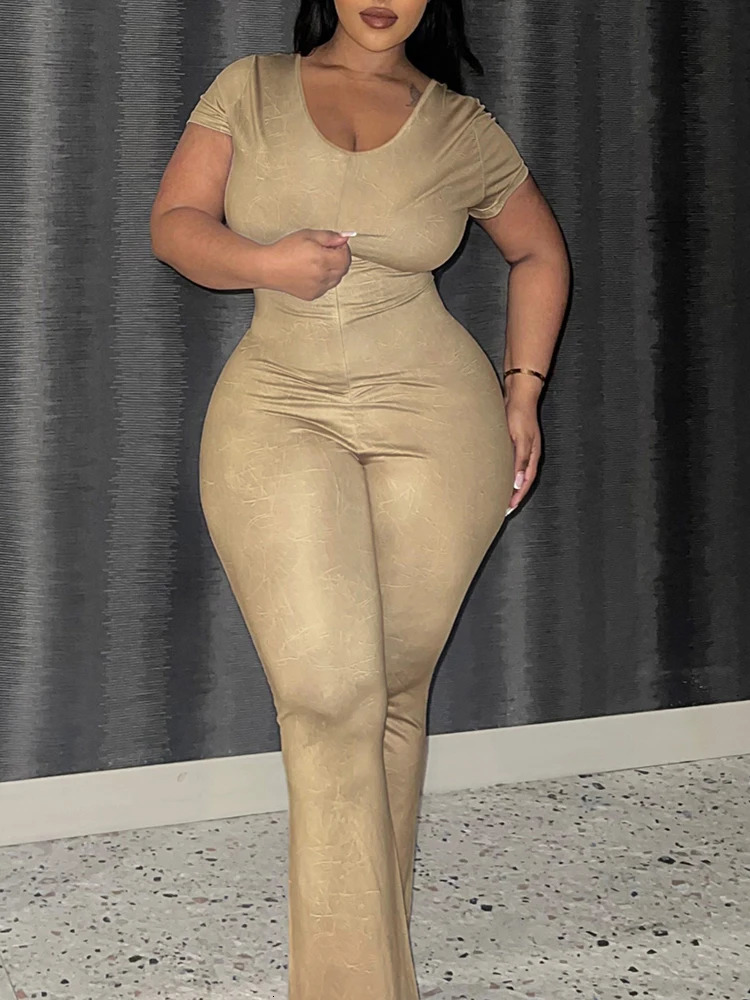 LW Plus Size Flared Jumpsuits for Women Autumn Casual Short Sleeve V Neck Zipper Skinny Trousers Large Size Full Jumpsuit Woman 250113