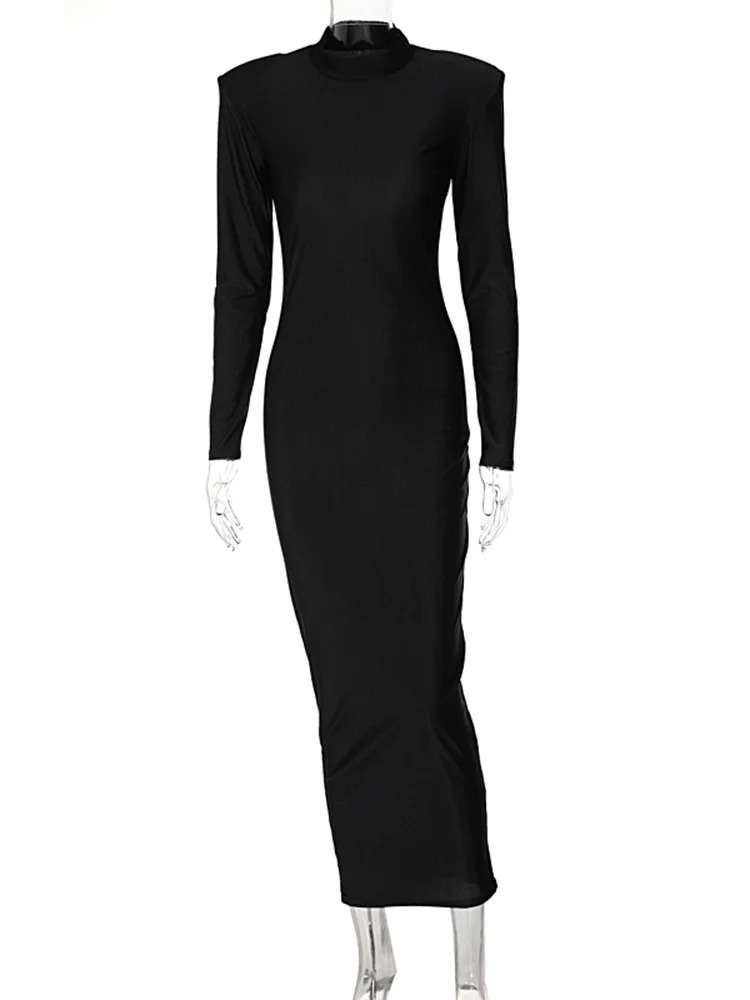 Hugcitar Solid Long Sleeve With Shoulder Pads Turtleneck Maxi Dress 2024 Year Women Fashion Streetwear Elegant Skinny 250110Z