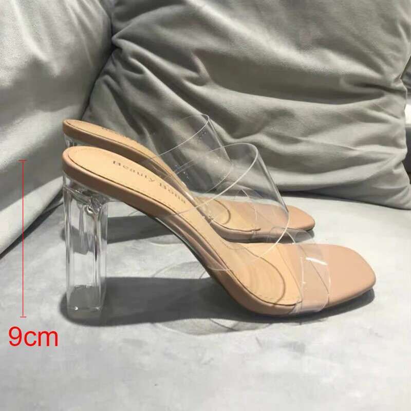 Summer Pumps 9cm Jelly Sexy Open Square Toe High Heels Women Transparent Slippers Shoe Heel Clear Sandals