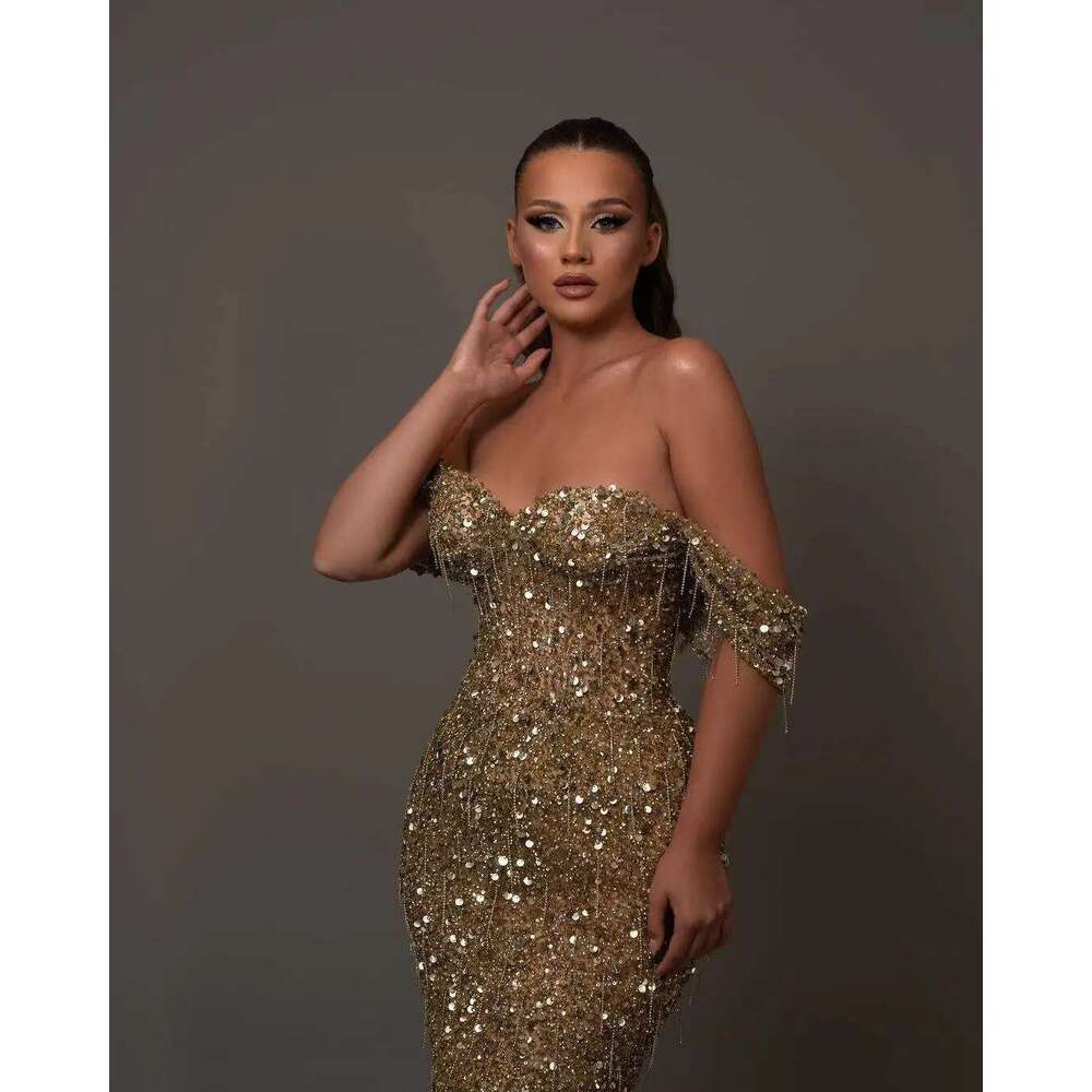 Shiny evening dresses mermaid off shoulder strapless sequins beads prom custom party dress