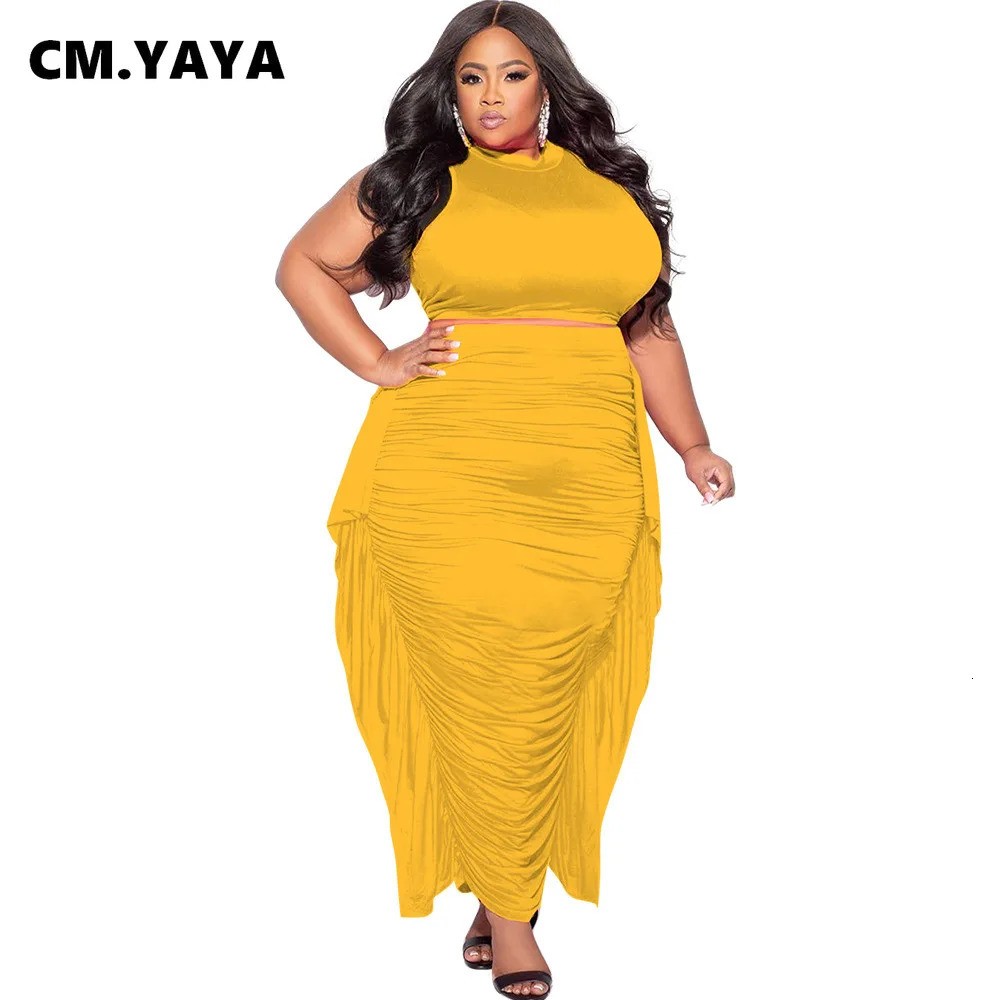 CMYAYA Plus Size Elegant Women Two 2 Piece Set Outfits 2024 Summer Tshirt Long Skirts Suits Casual Ruffles Fitness Tracksuit 250122