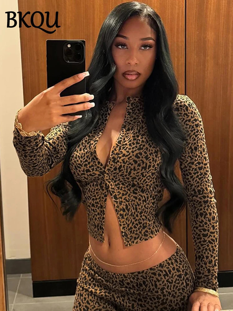 BKQU Leopard Print 2 Piece Set Women Long-Sleeved Button Crop Top High Waist Leggings Stretch Sexy Midnight Club Matching Suits 250117