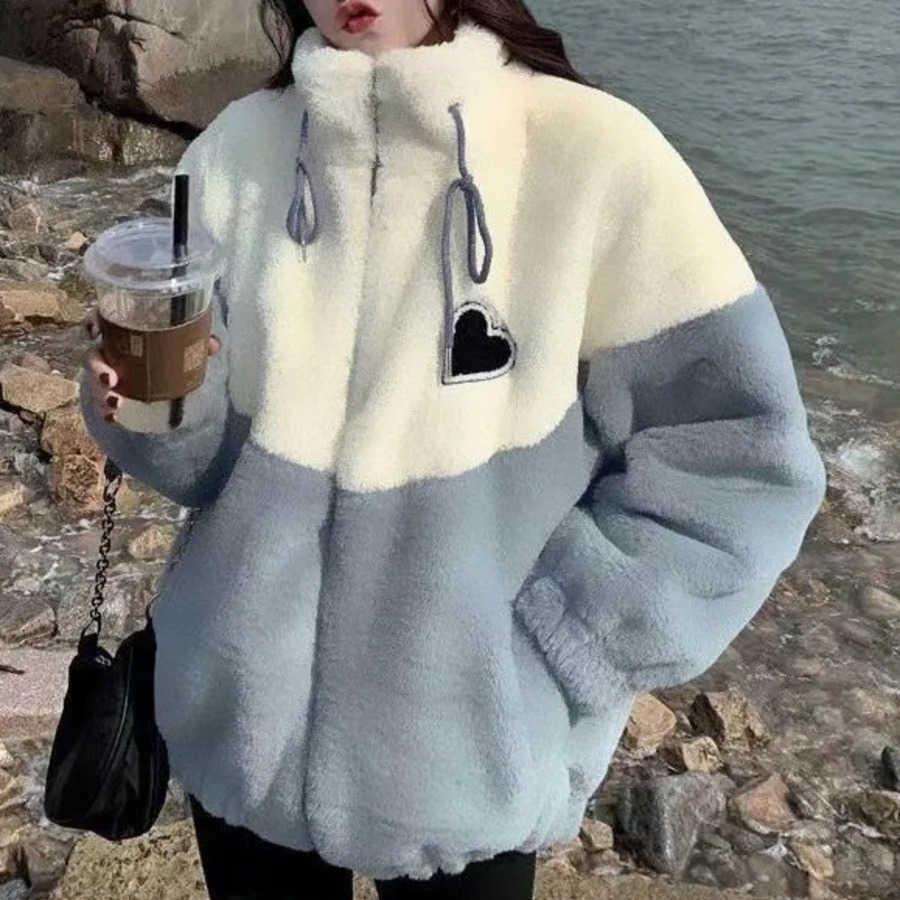 Lamb plush Coat for Womens Autumn Winter for Middle and High School Students Korean Version Loose Thick Spliced Cotton Clothes Trendy Women Jackets Co