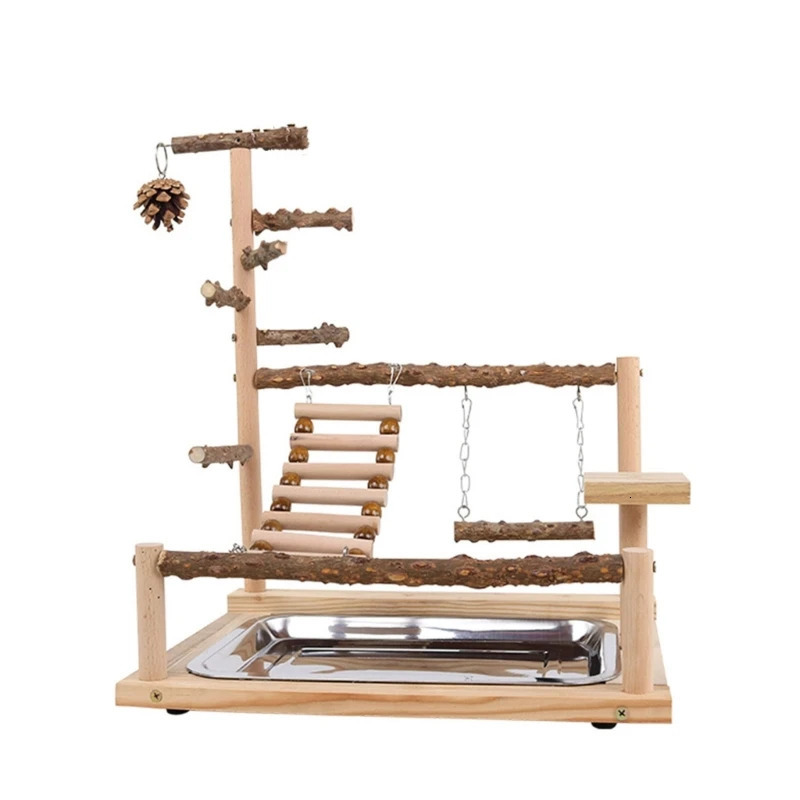 Pet Parrot Playstand Parrots Bird Playground Bird Plays Stand Wooden Perch Playground Ladder with Steel Feeder Plate 250117