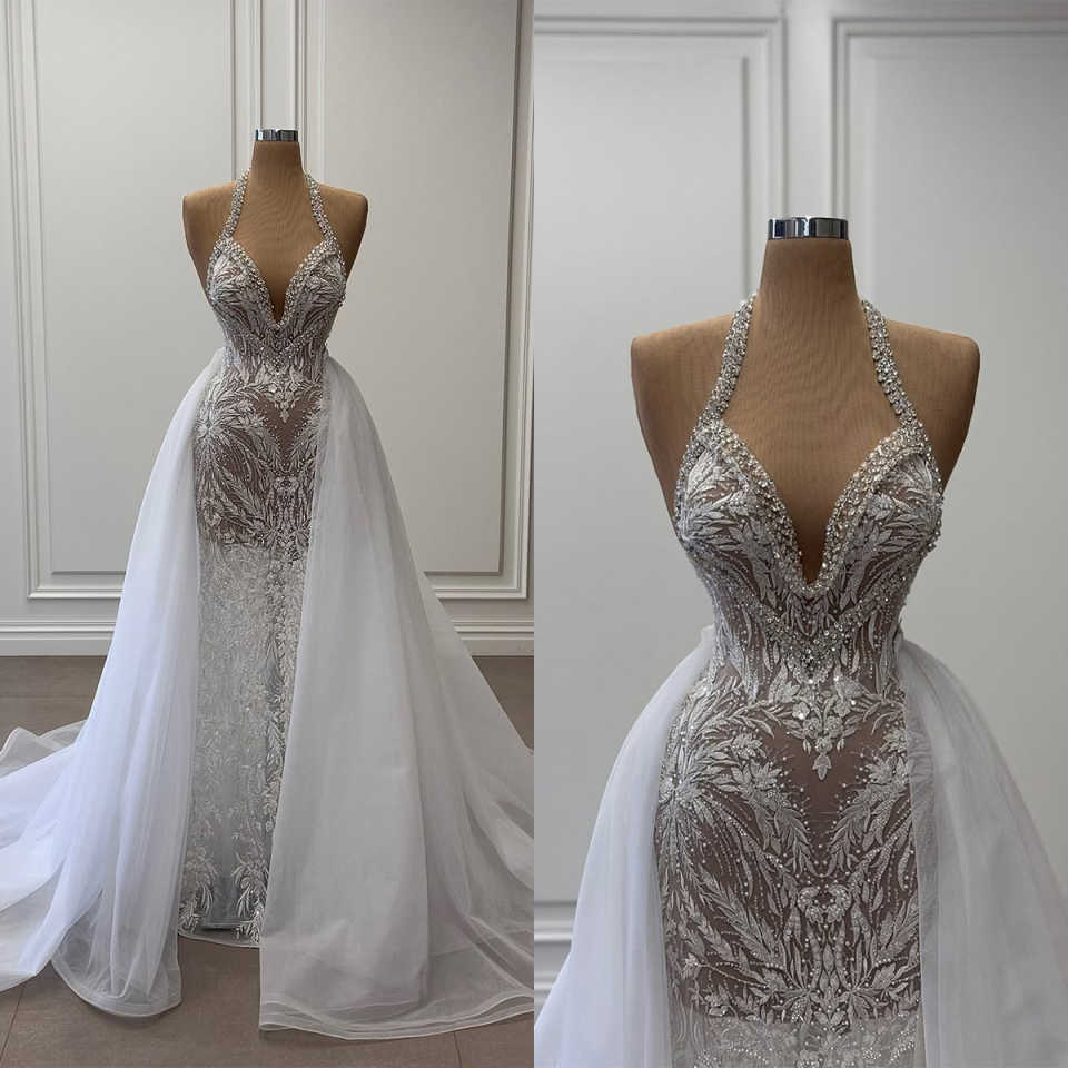 Sexy Mermaid Wedding Dresses Beading Halter Illusion Lace Appliques Bridal Gowns Custom Made Bride Dress With Detachable Train