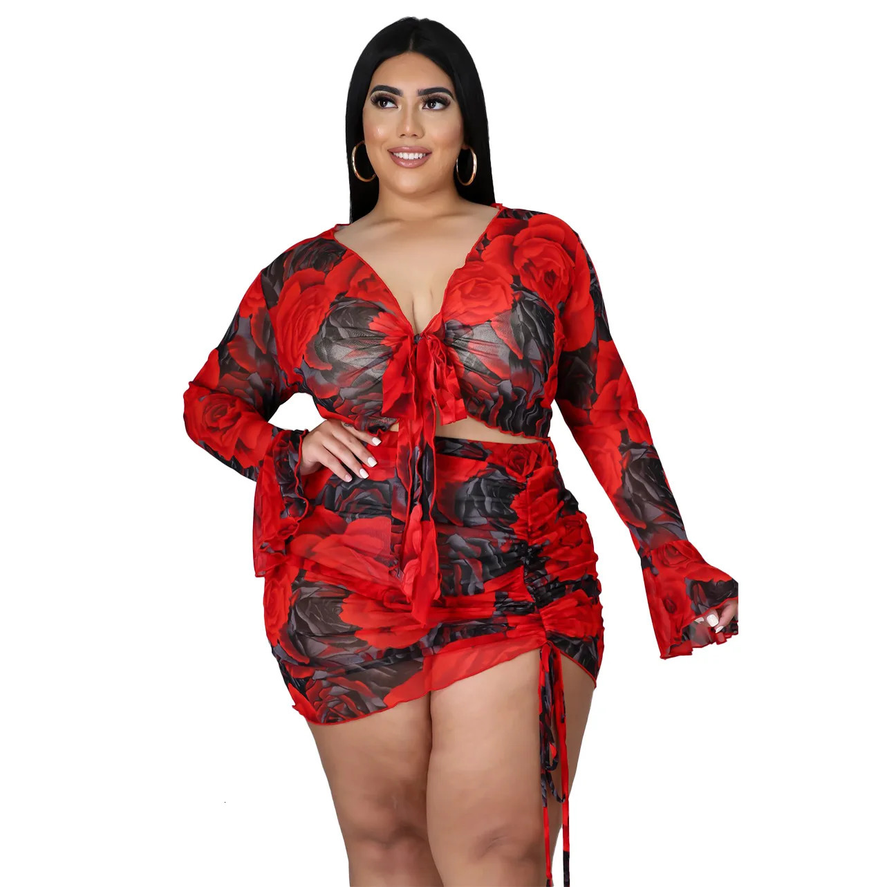 Floral Print Plus Size Matching Set Women Elegant Ruched Skirt Summer Female Casual Mesh Crop Top Large Two Piece Short 250122