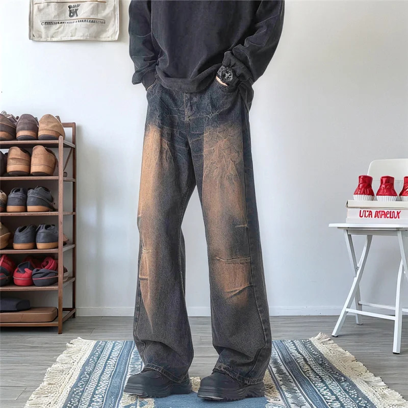 MenS Lightning Pattern Print Straight-Leg Jeans Pants High Street Lengthened Pants American Vibe Micro-Lapped Wide-Leg Pants 250116