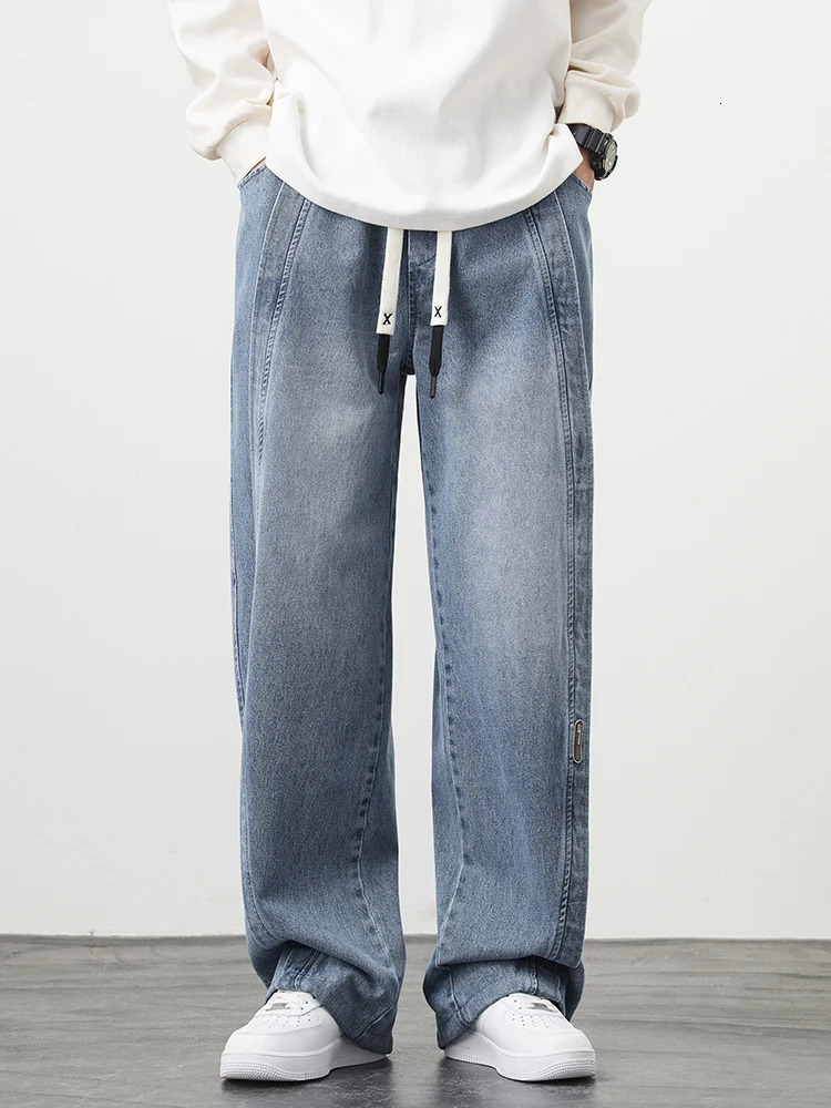 Plus Size Mens Jeans Wide Leg Straight Denim Pants Washed Cotton String Banding Casual Baggy Jean Trousers 6XL 7XL 8XL 250116