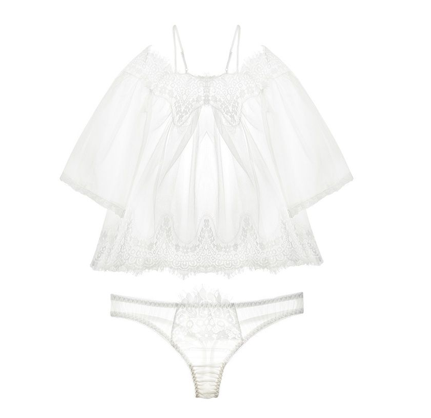Sexy See Through Lace Sleepwears Summer Off Shoulder Pajama Bralet Lingerie Bra and Pantie Batwing Sleeve Stripe Sleepwear Sets