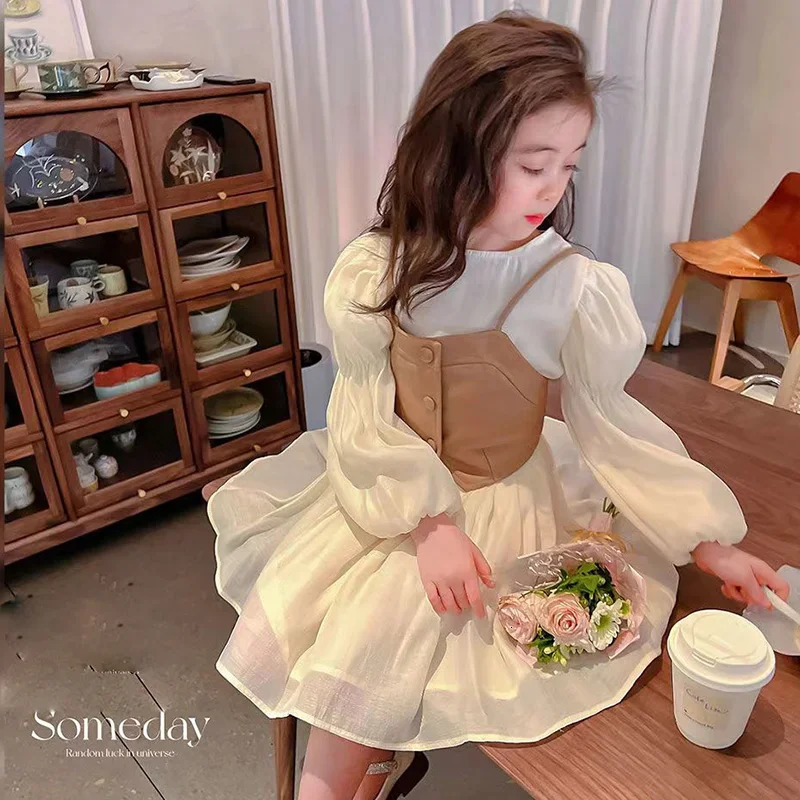 Spring Autumn Baby Suits Girl Vest Long Sleeve Dresses 2piece Kids Cute Princess Dress Children Chiffon Vestido 2 to10T 250120