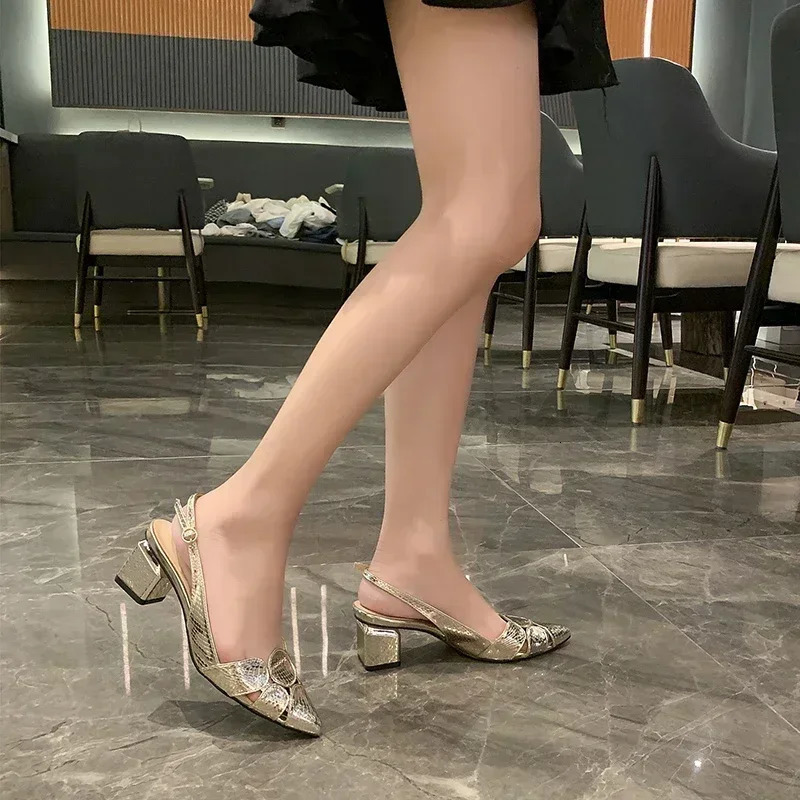 Fashion Women Leather 3cm High Heels Lady Pointe Toe Gold Sandals Female Wedding Bridal Shoes womens heel shoes 250117BJ - view 7