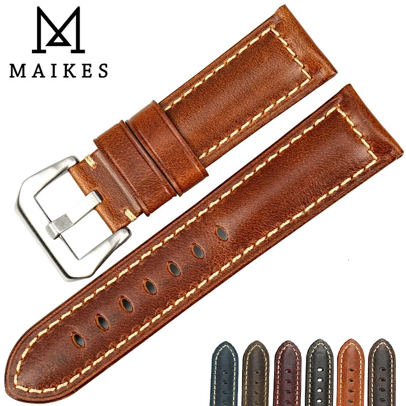 MAIKES High Quality Watchband Brown Vintage Oil Wax Leather Strap Watch Band 20mm 22mm 24mm 26mm Watch Accessories For Panerai 250121