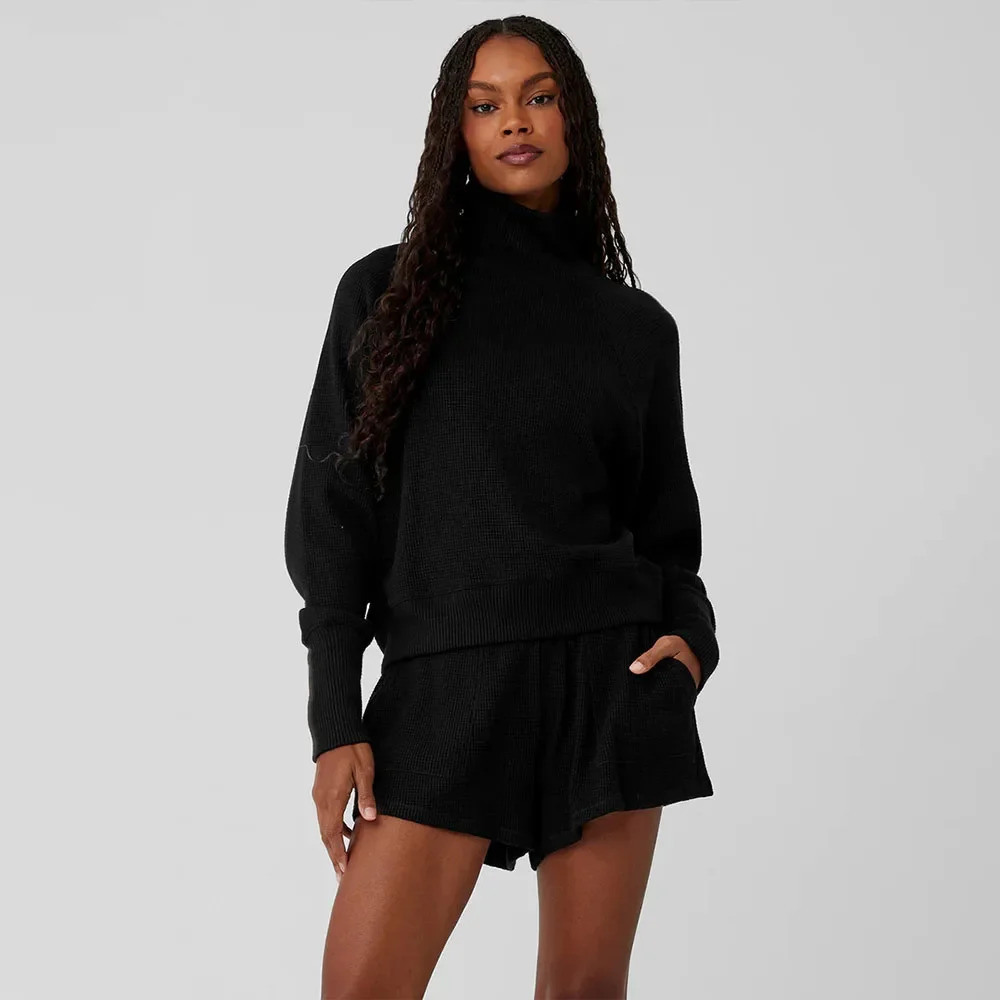 Waffle Weekend Escape Jogger O Neck Long Sleeve Crop Top Pant Sets Two Piece Set Outfit Lounge Trouser 250109