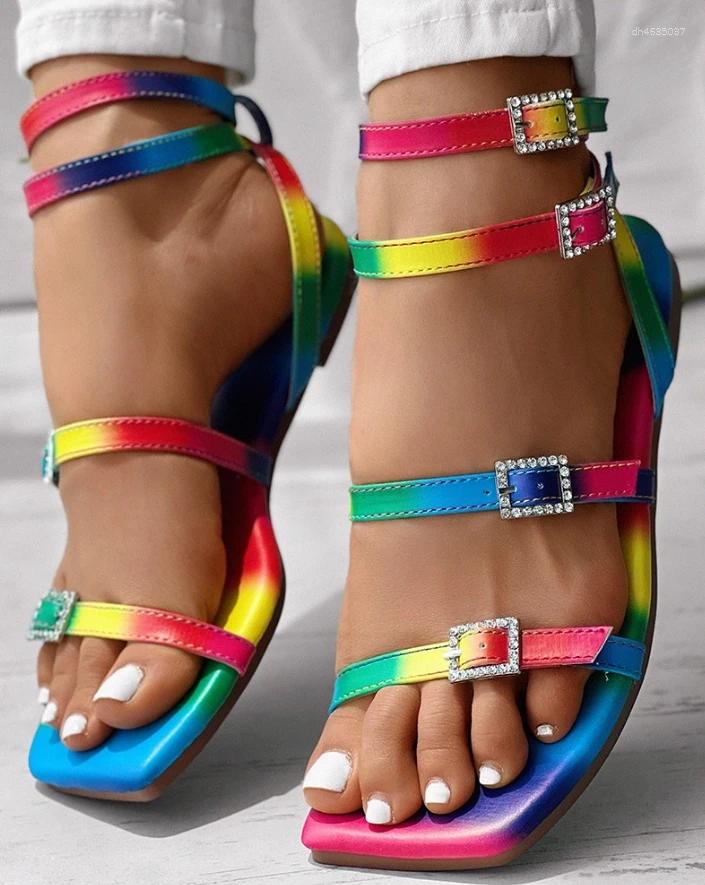 Sandals Women's 2025 Fashion Colorblock Rhie Buckled Ankle Strap Casual Daily Square Toe Flat zhanyishengli