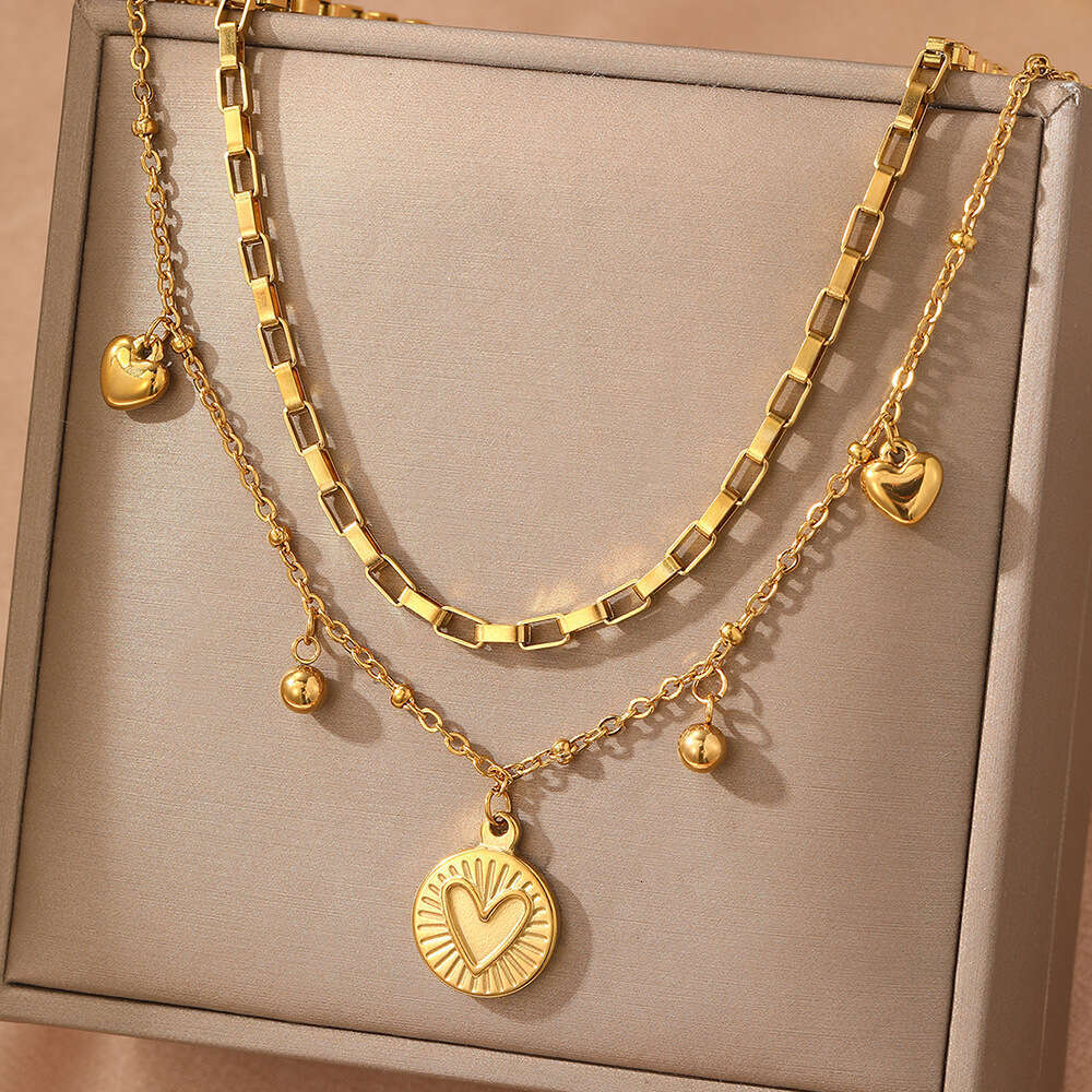 Gold Trend Tag Style Two layer Texture Necklace Simple Personality Stacking Neck Chain