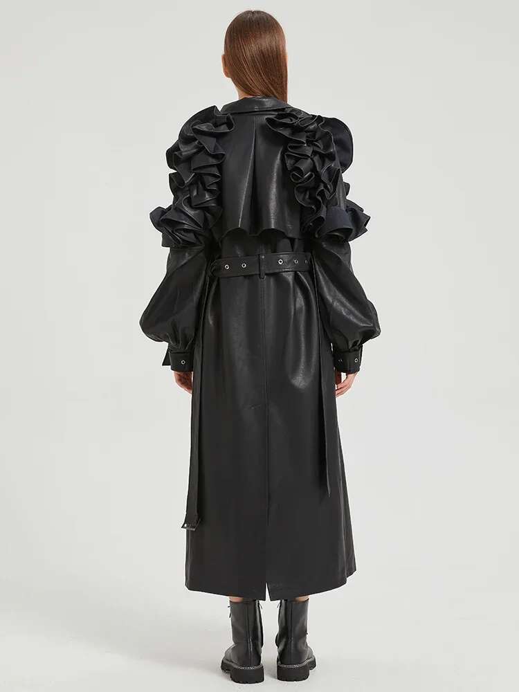 Lautaro Spring Autumn Long Ruffled Soft Pu Leather Trench Coat For Women Belt Elegant Designer Clothes Runway Fashion