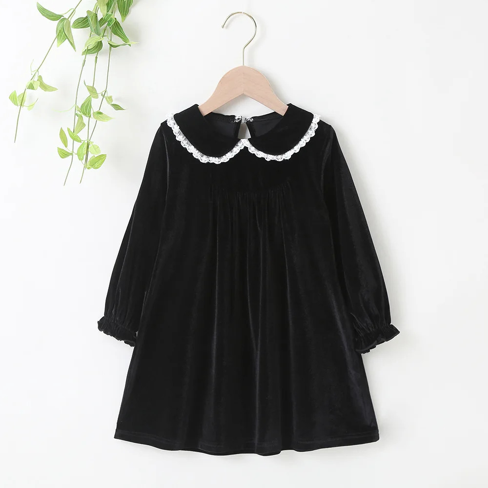 Autumn Winter Dress Long Sleeve Peter Pan Collar Lace Velvet Green Black Cute Sweet Baby Girls Dress Vestidos 2-6T 250120