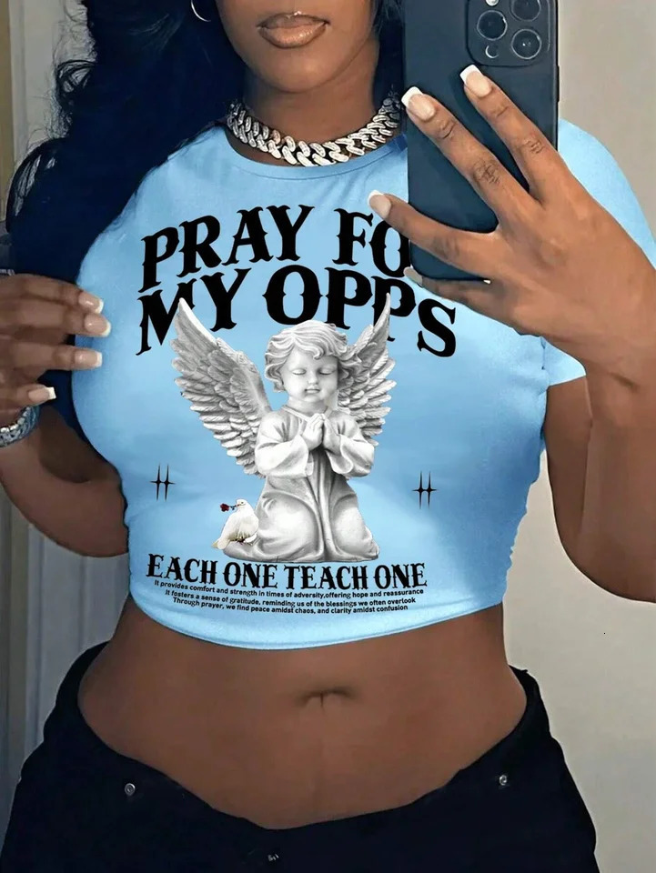 Womens T-Shirt Crop Tops Summer Short Sleeve Casual T-Shirt With Angel Print And Slogan Round Neck Slim Fit Female Y2k Clothing 250121