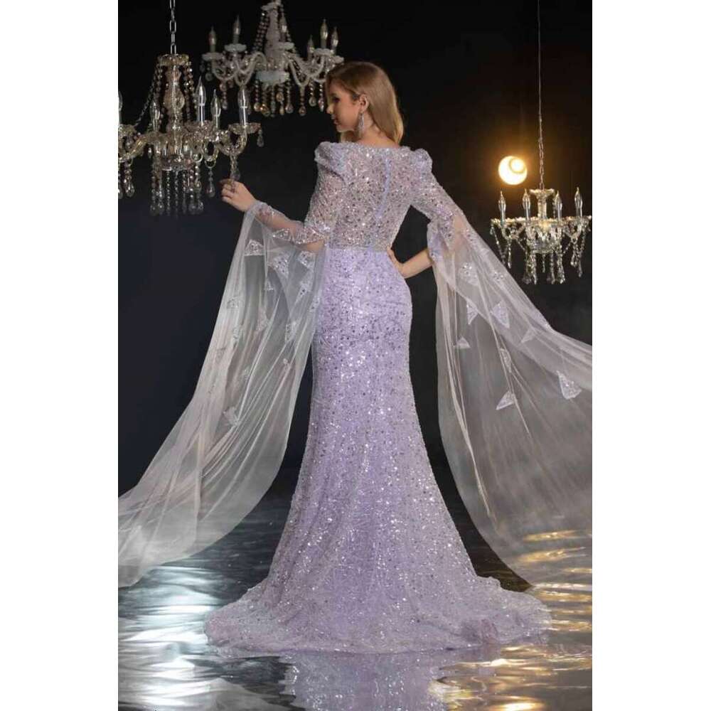 New Design Mermaid Evening Dresses O-Neck Laces Sequins Long Sleeve Prom Custom Party Dress 6660311
