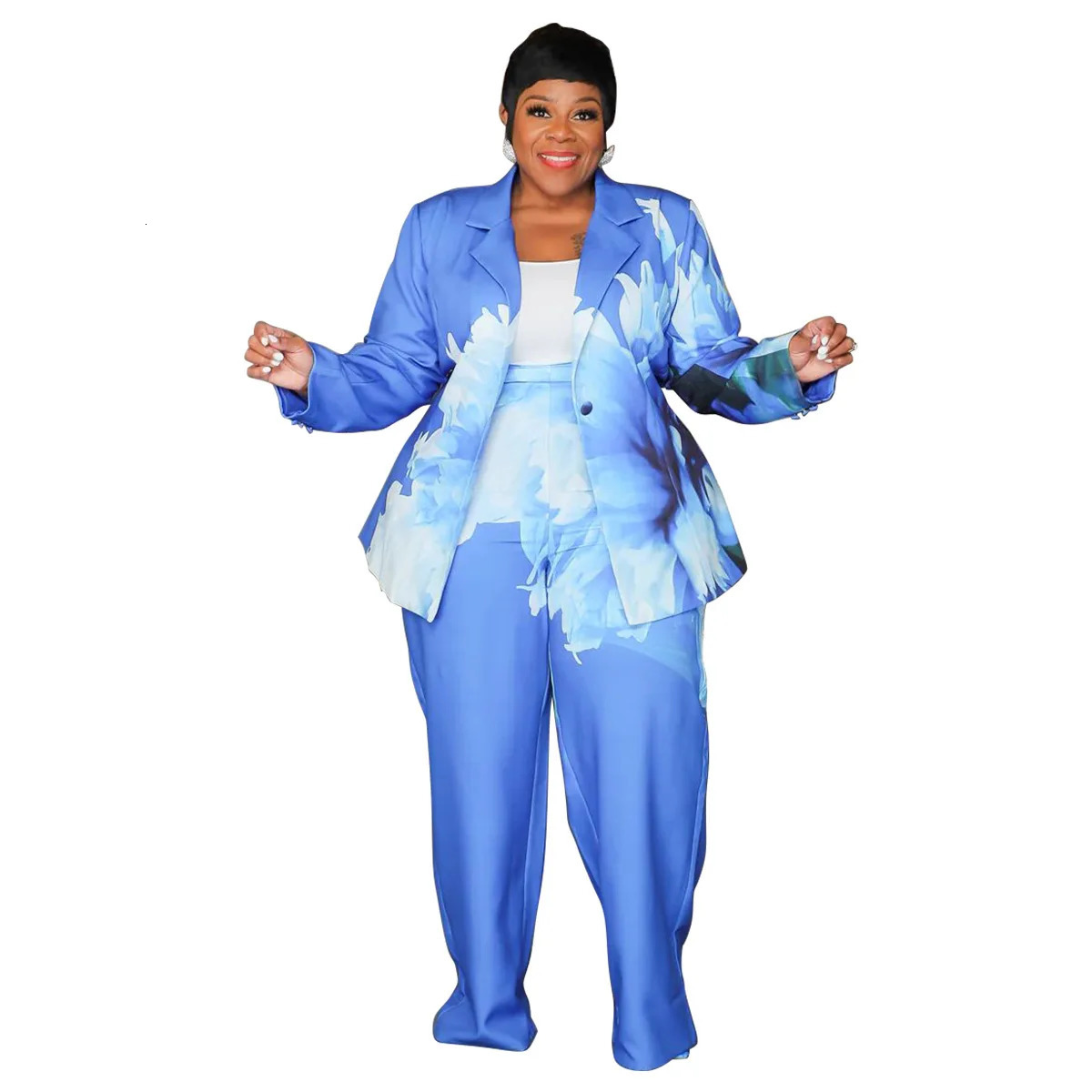 Plus Size Floral Printed Two Pieces Set Spring Long Sleeve Button Blazer Top Wide Leg Pants Oversized Sets Office Lady Tracksuit 250122