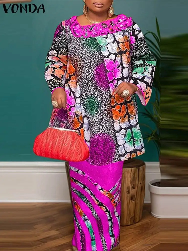 Plus Size 5XL VONDA Women Sets Irregular 34 Flare Sleeve Matching Floral Printed Shirts And A Line Skirts Suits 2Pcs 250122