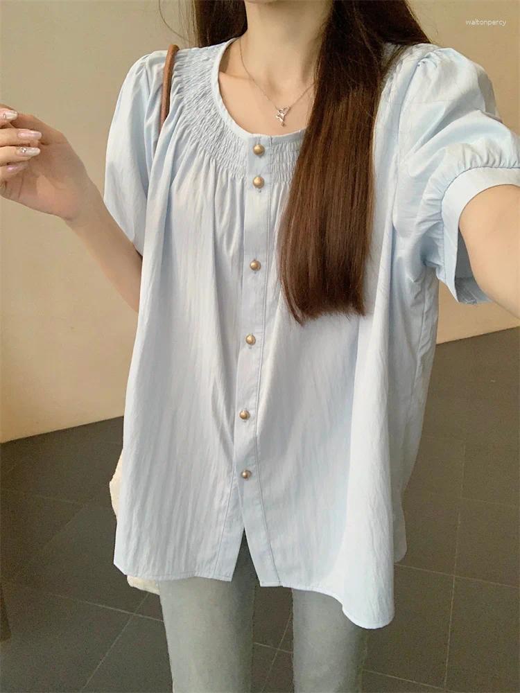 Women's Blouses 2025 Real Spot Plus-size Slightly Fat Pleated Short-sleeved Shirt Summer Single Breasted Loose Slimming Top