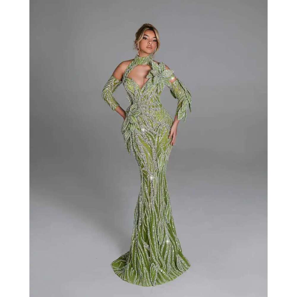 Pretty Evening Dresses Mermaid High Neck Lace Strass Long Sleeve Prom Party Dress Made to Order