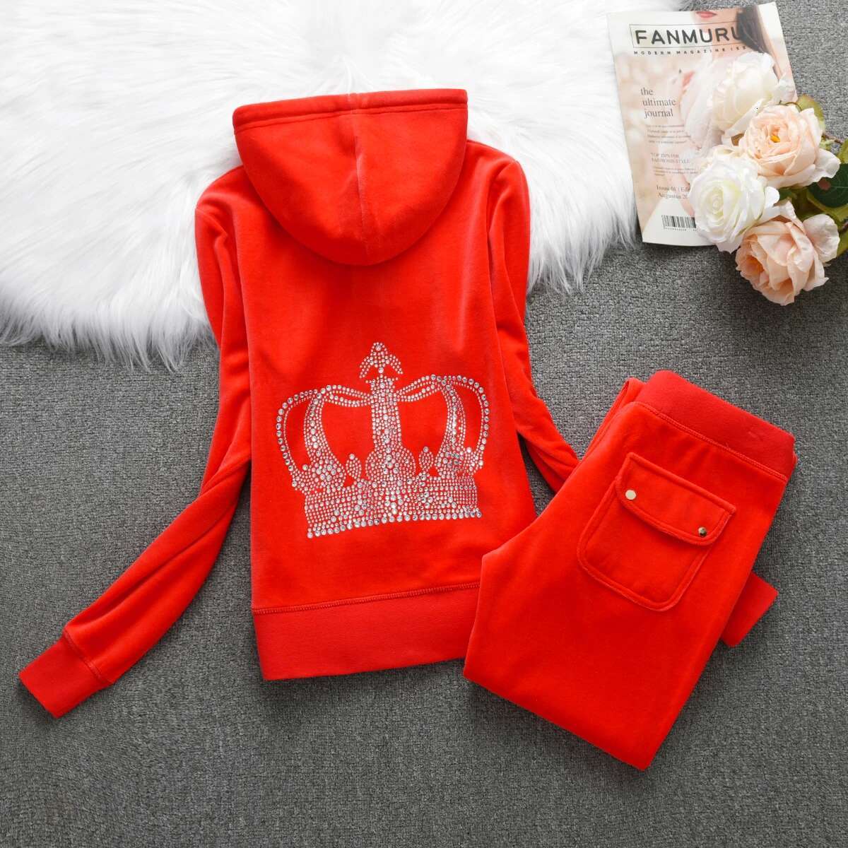 Y2k Veet Tracksuit 2025 Winter Trousers Set Women Solid Color Crown Crystal 3D Trim Hoodiecasual