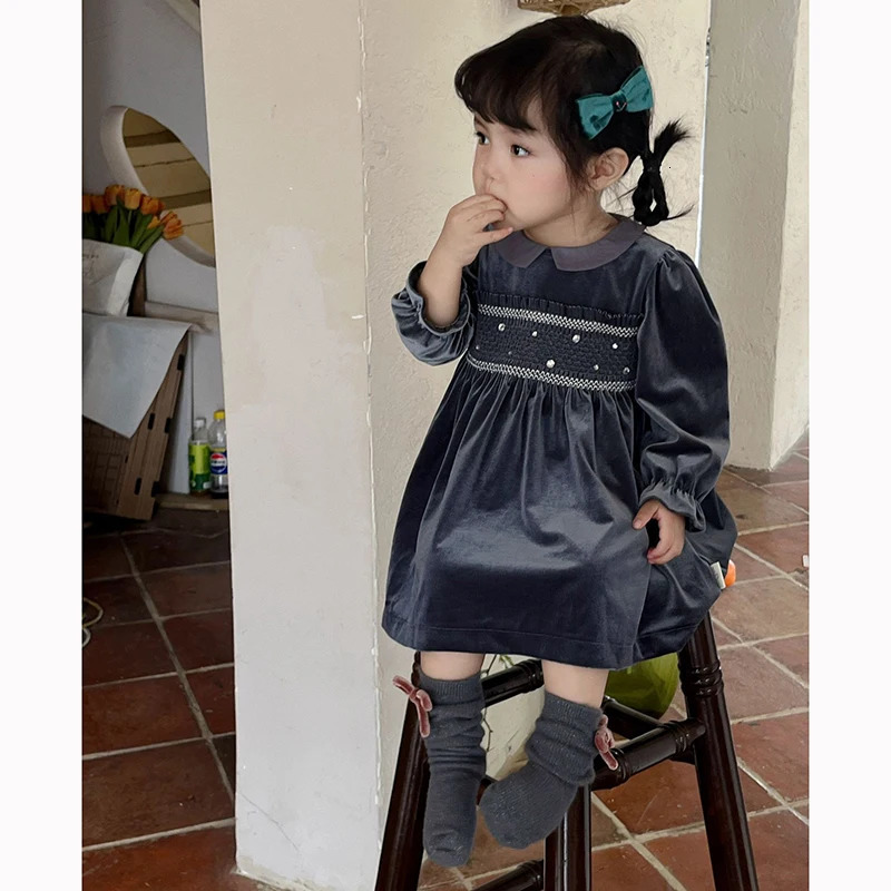 Girls Dress Party Long Sleeve Dress Peter Pan Collar Lace Golden Velvet Loose Dress Embroidery Childrens Clothing Flare Sleeve 250120