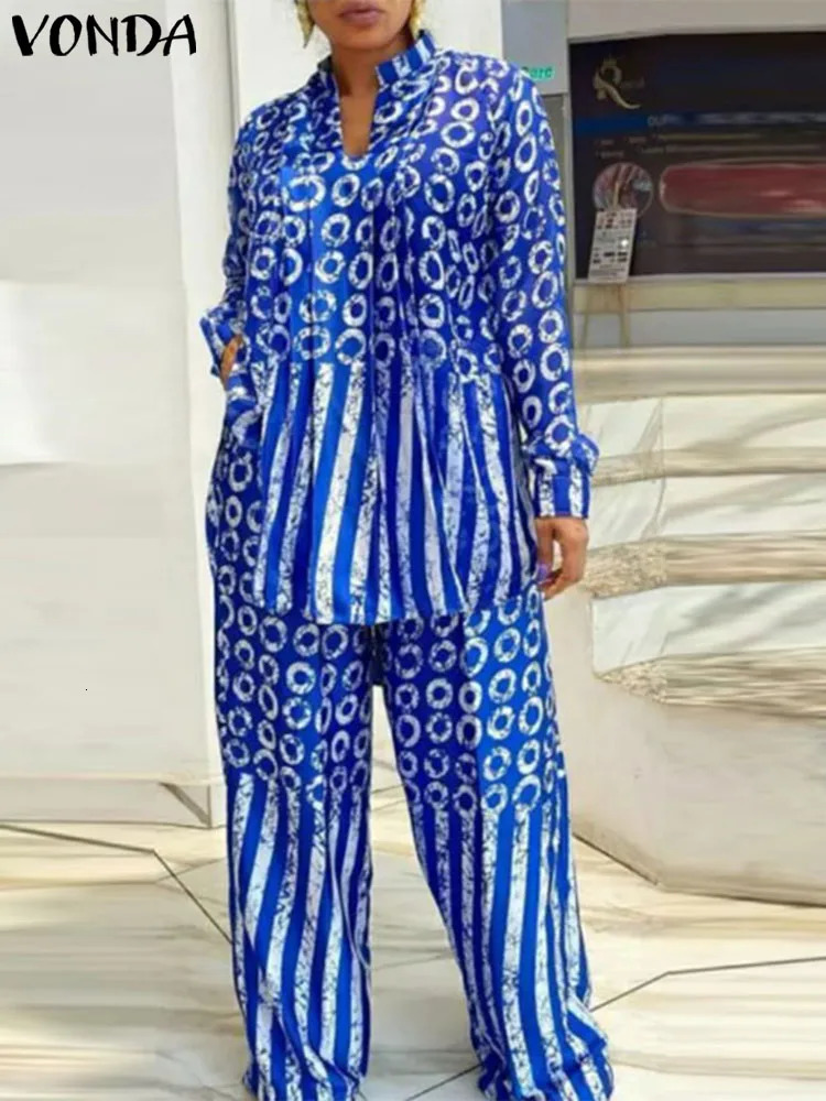 Plus Size 5XL VONDA Women Matching Sets 2024 Fashion Long Sleeve Suits Polka Dot Striped Shirts And Elastic Waist Pant 250122