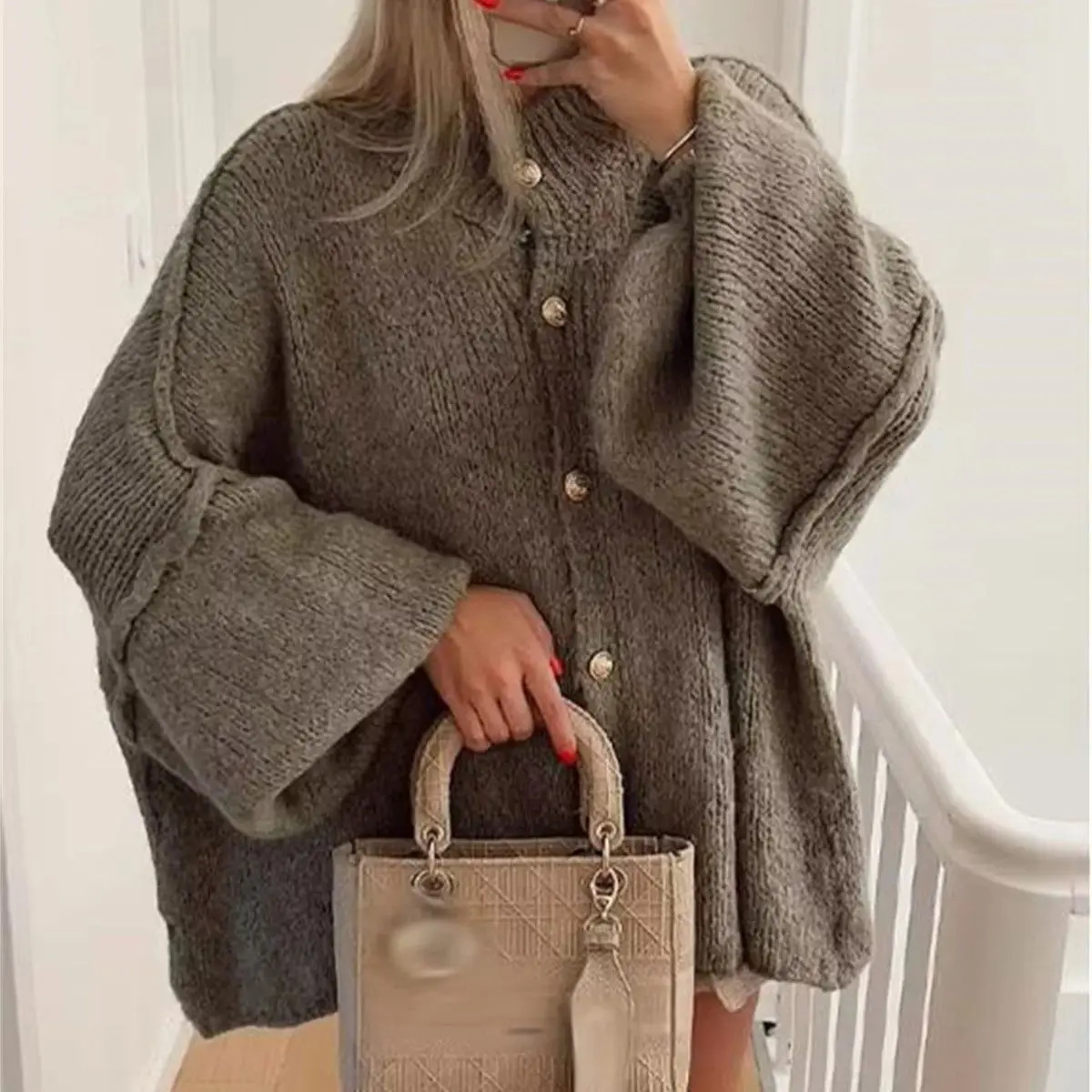 French Fashion Loose Sweater For Women Oneck Metal Button Cardigan Single Breasted Autumn Winter Casual Coat Female Outfit Tops 250109Z