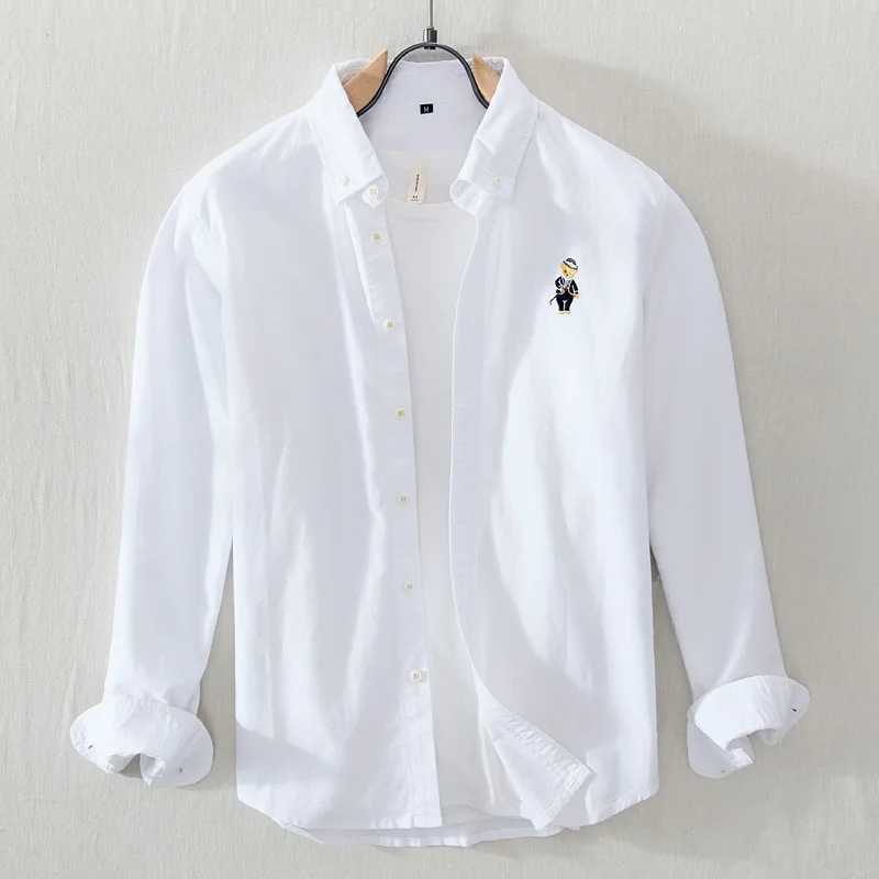 New Arrival 100% Cotton Shirts For Men Cartoon Bear Embroidery Korean Fashion Casual Long Sleeve Shirt Spring Loose Fit Mens Clothing Z250122